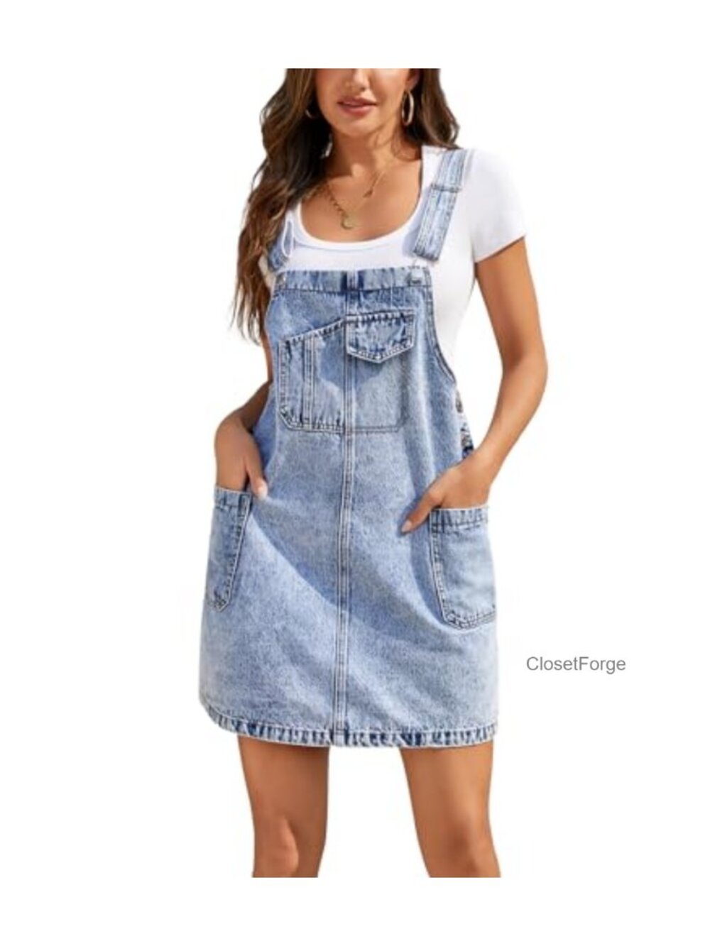 Loose Casual Denim Overall Dress Square Neck Adjustable Straps Pockets Cotton